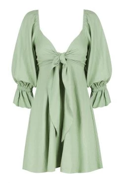 Charlie Holiday Dresses Sonny Sage Linen Tie Front Puff Sleeve Dress