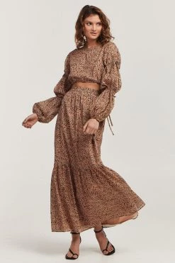 Charlie Holiday Whitney Abstract Brown Animal Tiered Maxi Skirt