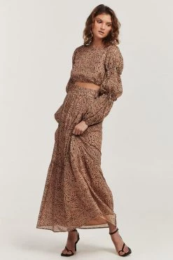 Charlie Holiday Whitney Abstract Brown Animal Tiered Maxi Skirt
