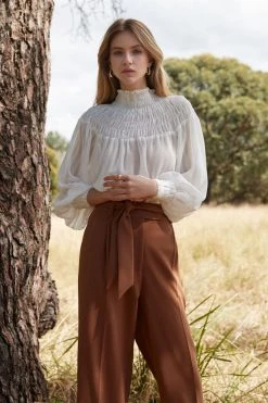 Esmaee New In Carmine White Shirred Neck Blouse