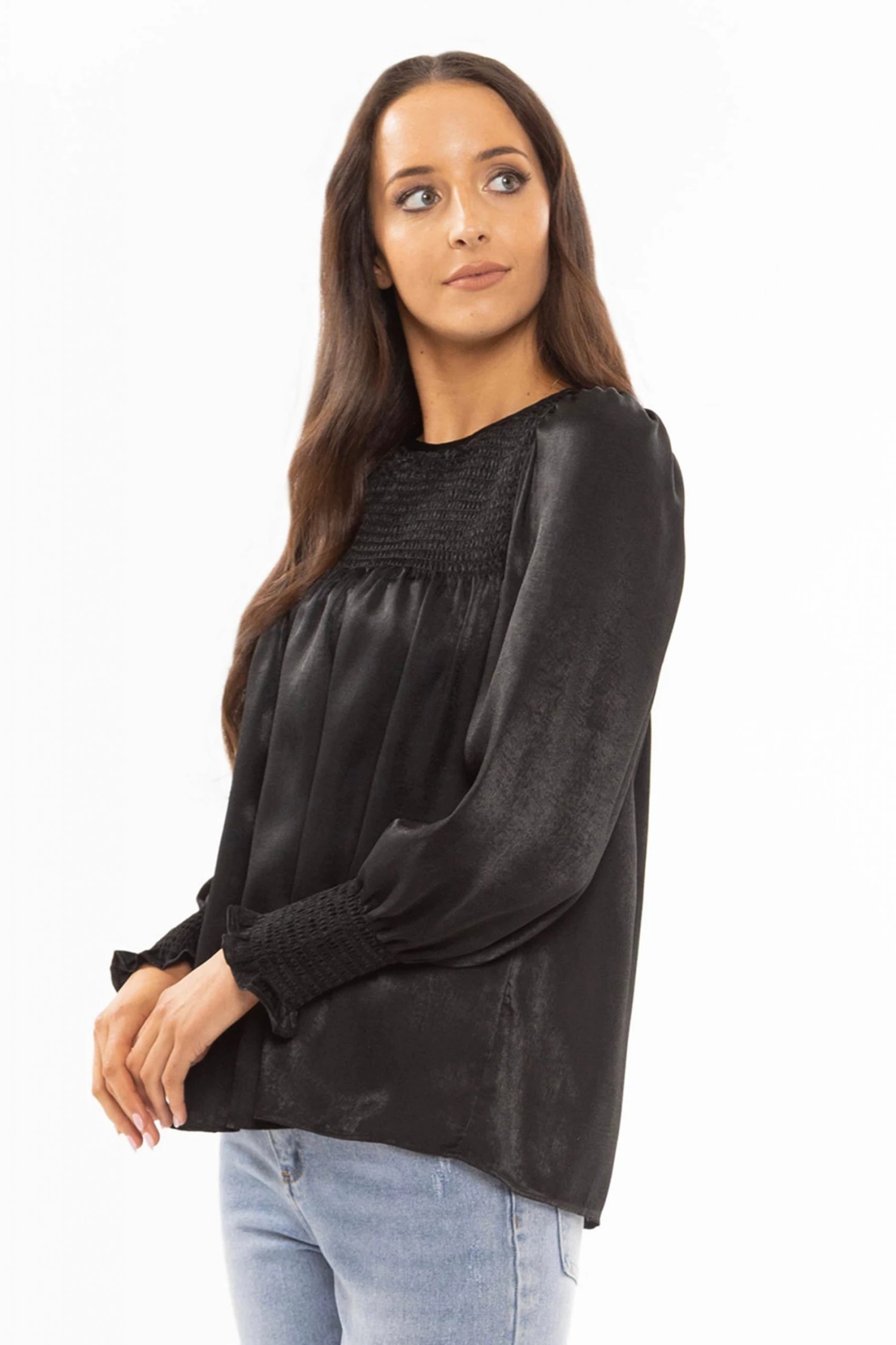 Billie The Label Hug Me Black Satin LS Shirred Shoulder Top