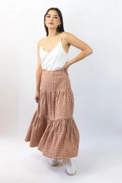 Ivy + Jack Stella Caramel Check Deep Basque Tiered Midi Skirt