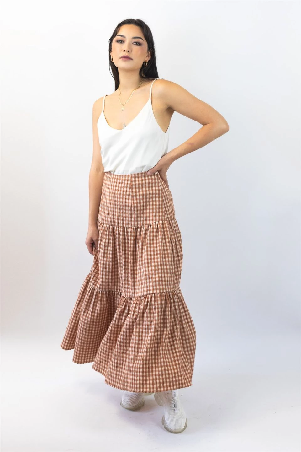 Ivy + Jack Stella Caramel Check Deep Basque Tiered Midi Skirt