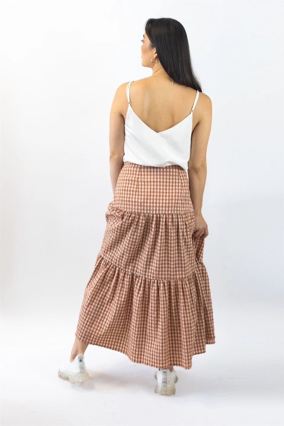 Ivy + Jack Stella Caramel Check Deep Basque Tiered Midi Skirt