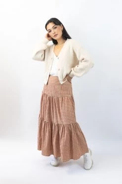 Ivy + Jack Stella Caramel Check Deep Basque Tiered Midi Skirt
