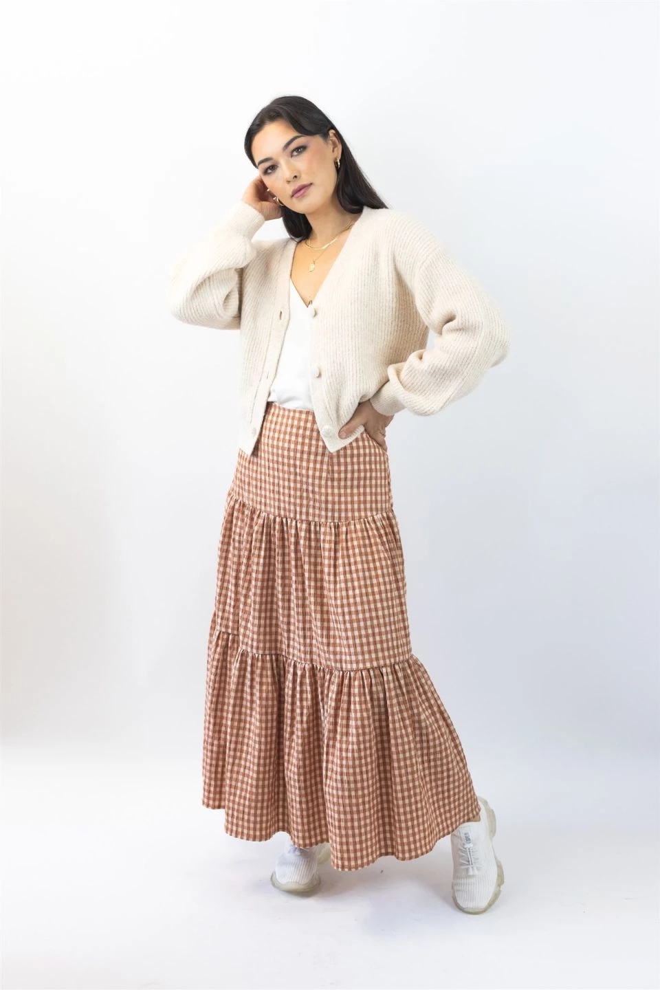 Ivy + Jack Stella Caramel Check Deep Basque Tiered Midi Skirt