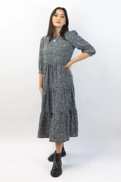 Among The Brave Lucid Black White Ditsy Floral Mid Puff Sleeve Tiered Maxi Dress