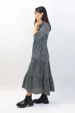 Among The Brave Lucid Black White Ditsy Floral Mid Puff Sleeve Tiered Maxi Dress