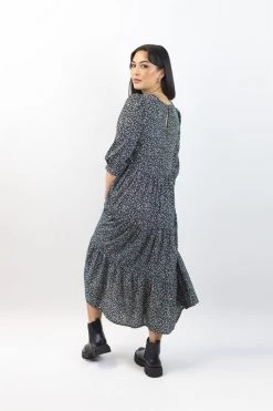 Among The Brave Lucid Black White Ditsy Floral Mid Puff Sleeve Tiered Maxi Dress