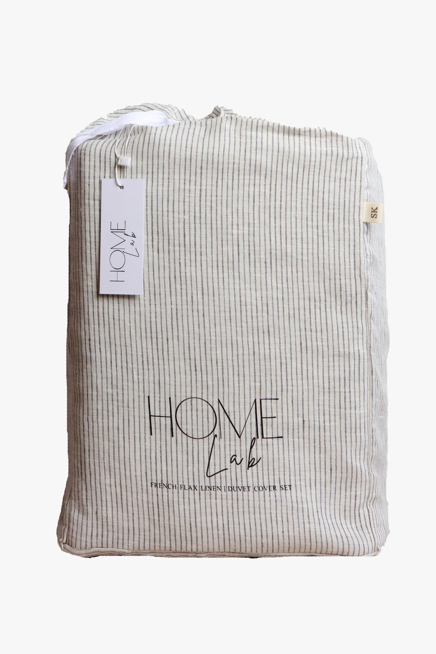 Home Lab 100% French Linen Duvet Cover Set King Charcoal Pinstripe