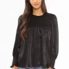 Billie The Label Hug Me Black Satin LS Shirred Shoulder Top