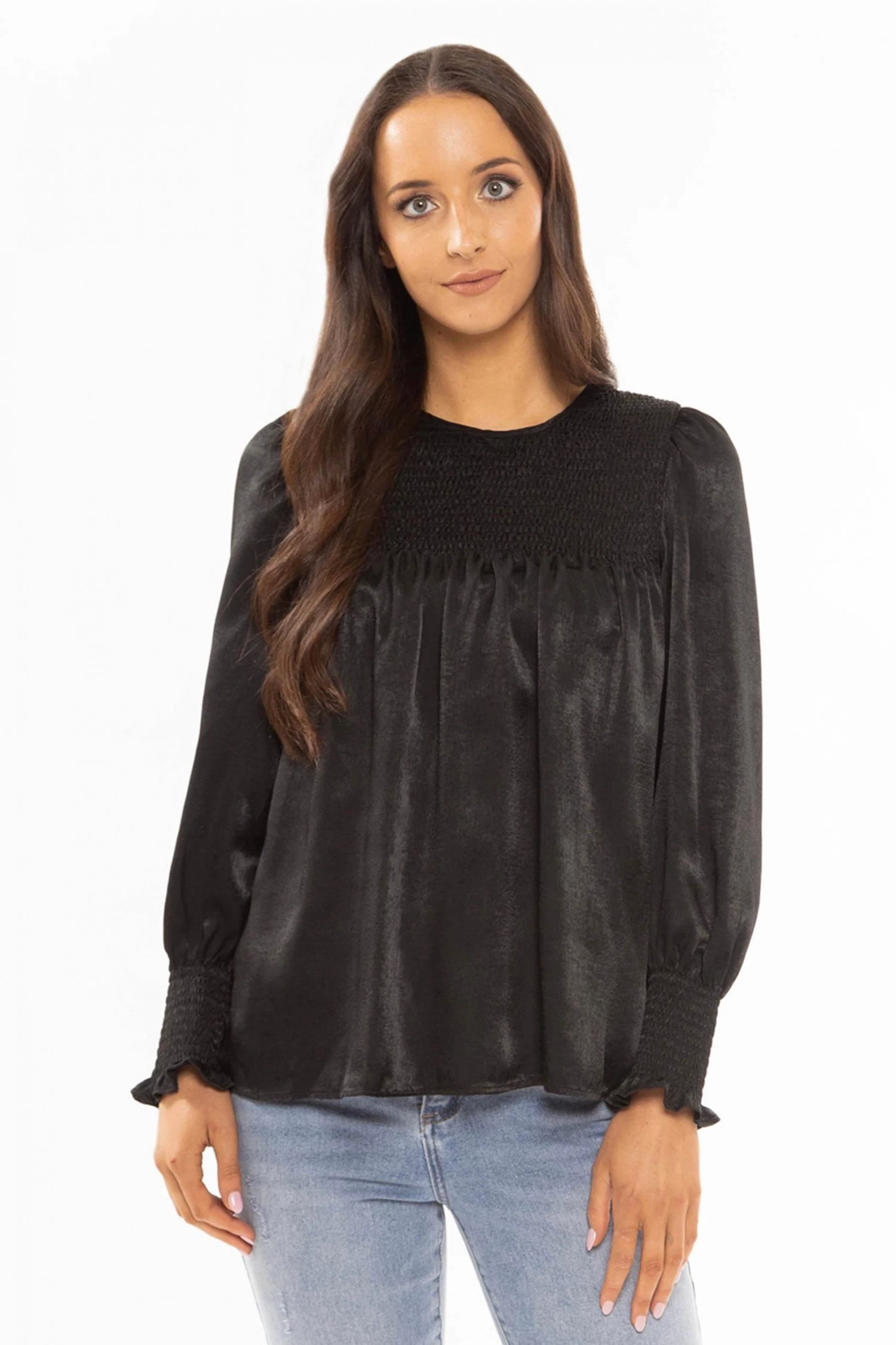 Billie The Label Hug Me Black Satin LS Shirred Shoulder Top