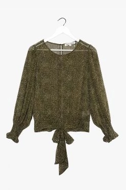 Ivy + Jack Grace Khaki Ditsy LS Back Hem Tie Top Tops & Tees