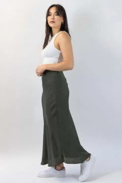 Ivy + Jack Ivy Khaki Satin Midi Bias Skirt