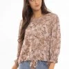 Seeking Lola Muse Blush Floral Crew Neck Tie Bow Mid Sleeve Hem Tie Top New In