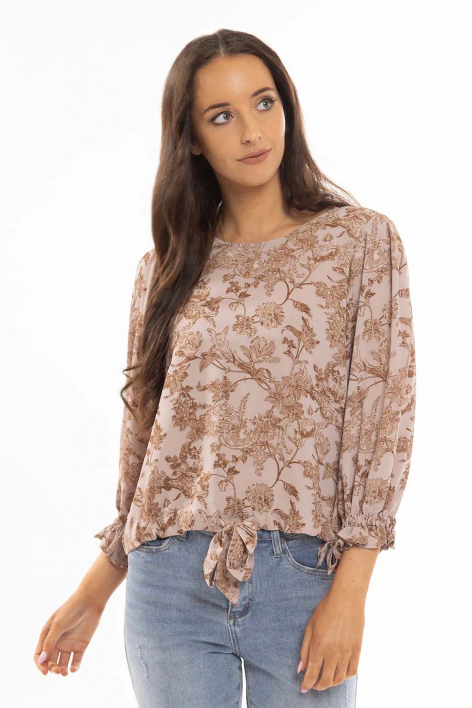 Seeking Lola Muse Blush Floral Crew Neck Tie Bow Mid Sleeve Hem Tie Top New In