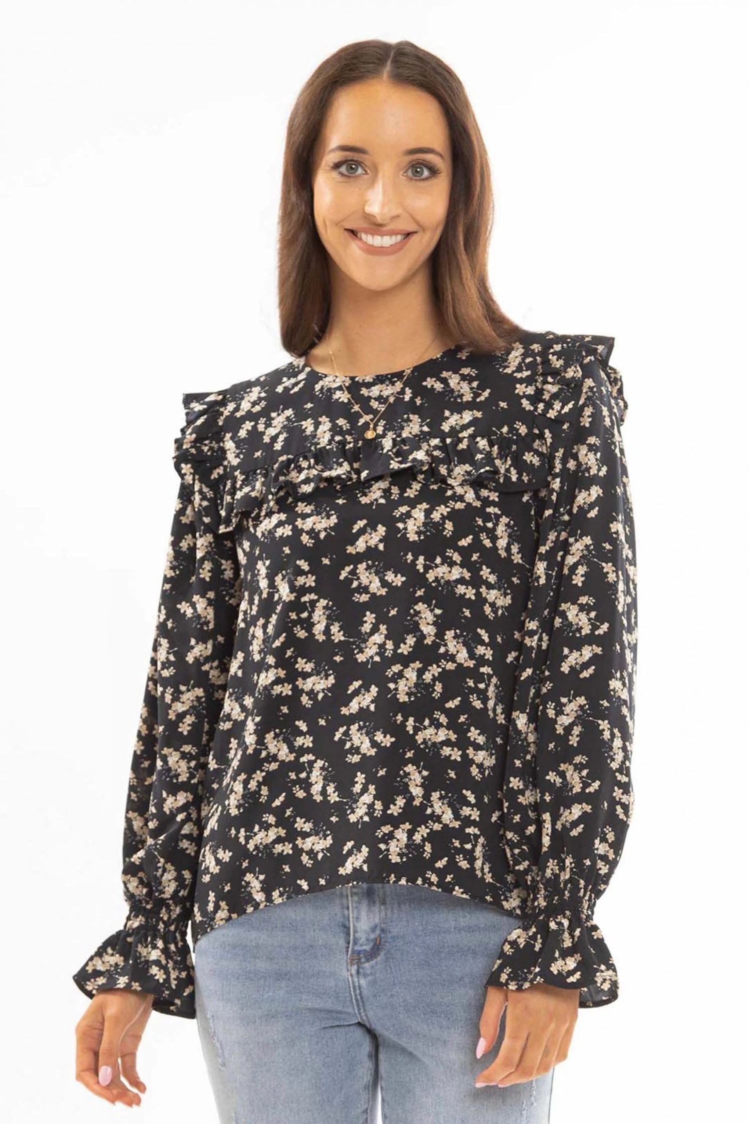 Leila + Luca Compliment Navy Frill Detail LS Top New In