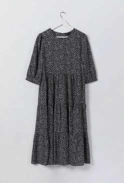 Among The Brave Lucid Black White Ditsy Floral Mid Puff Sleeve Tiered Maxi Dress