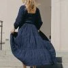 Among The Brave Melody Navy Cotton Puff Sleeve Square Neck Shirred Bodice Tiered Maxi Dress