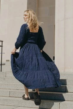 Among The Brave Melody Navy Cotton Puff Sleeve Square Neck Shirred Bodice Tiered Maxi Dress