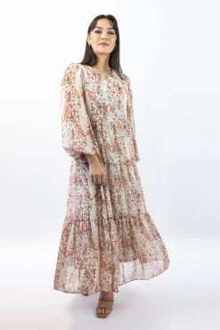 Ivy + Jack Naomi Sand Floral Blouson LS Tiered Maxi Dress Dresses