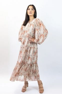 Ivy + Jack Naomi Sand Floral Blouson LS Tiered Maxi Dress Dresses