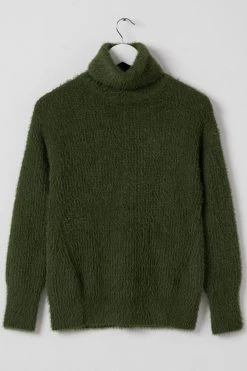 Among The Brave Brilliant Khaki Eyelash Yarn Roll Neck Knit