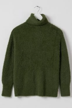 Among The Brave Brilliant Khaki Eyelash Yarn Roll Neck Knit