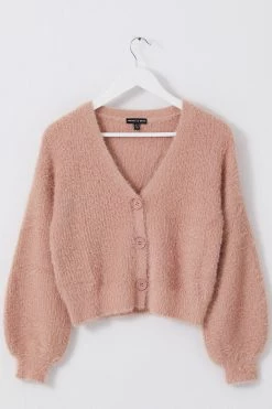 Among The Brave Tender Toffee Eyelash Yarn Blouson Sleeve Knit Cardigan Knitwear