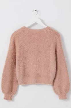 Among The Brave Tender Toffee Eyelash Yarn Blouson Sleeve Knit Cardigan Knitwear