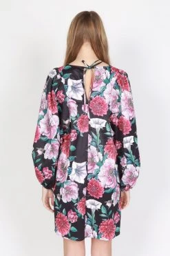 Federation Dresses Runaway Silky Satin LS Black Floral Mini Dress