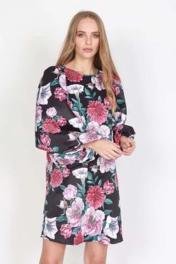 Federation Dresses Runaway Silky Satin LS Black Floral Mini Dress