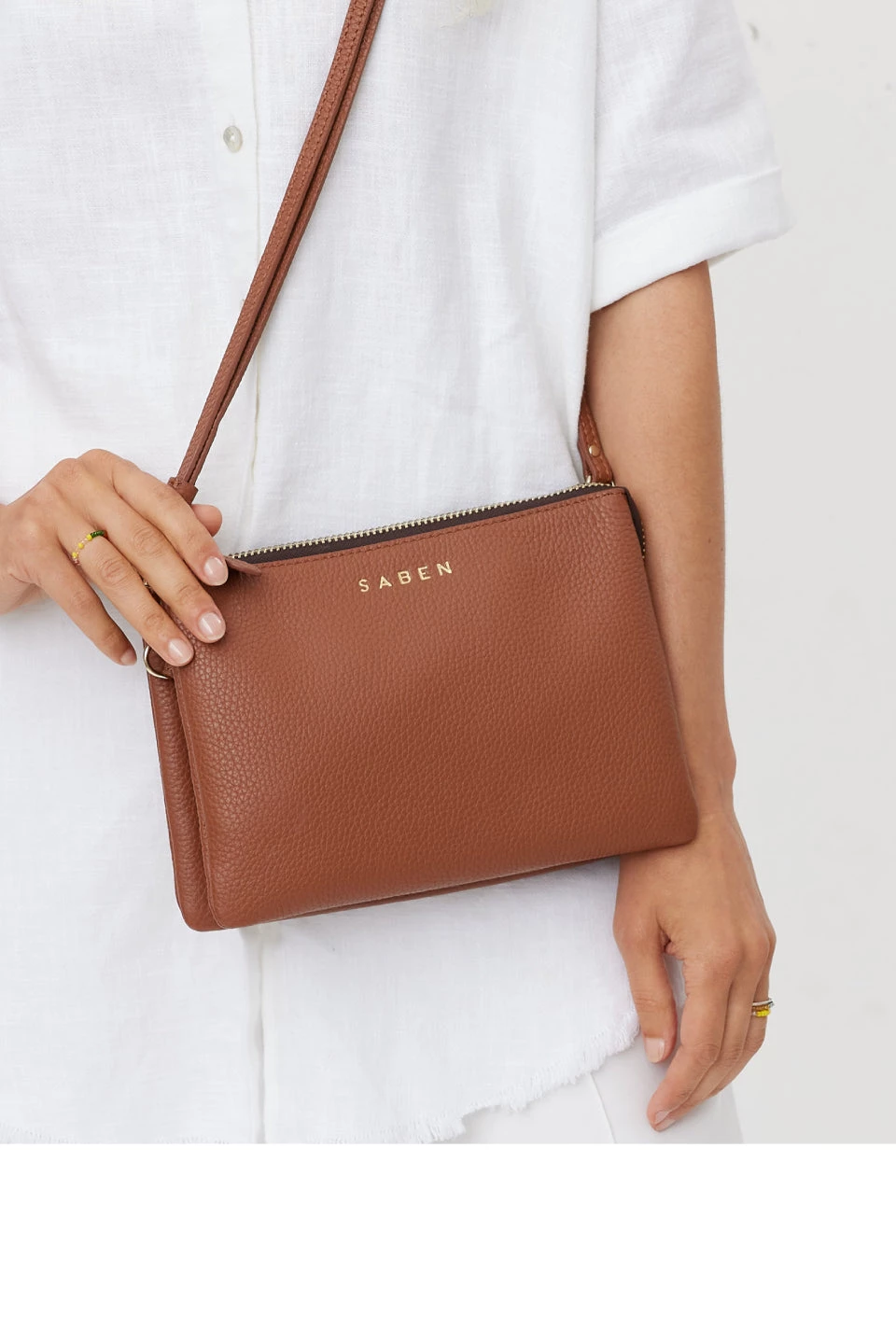 SABEN Bags Tilly Multi Pocket Tan Leather Crossbody Clutch Support Local