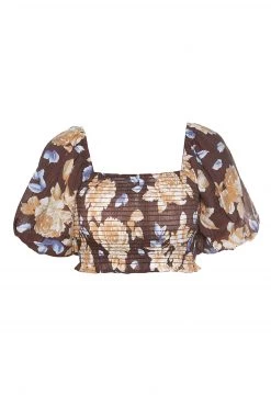 Ivy + Jack Sara Chocolate Floral Square Neck Bubble SS Shirred Crop Top Tops & Tees