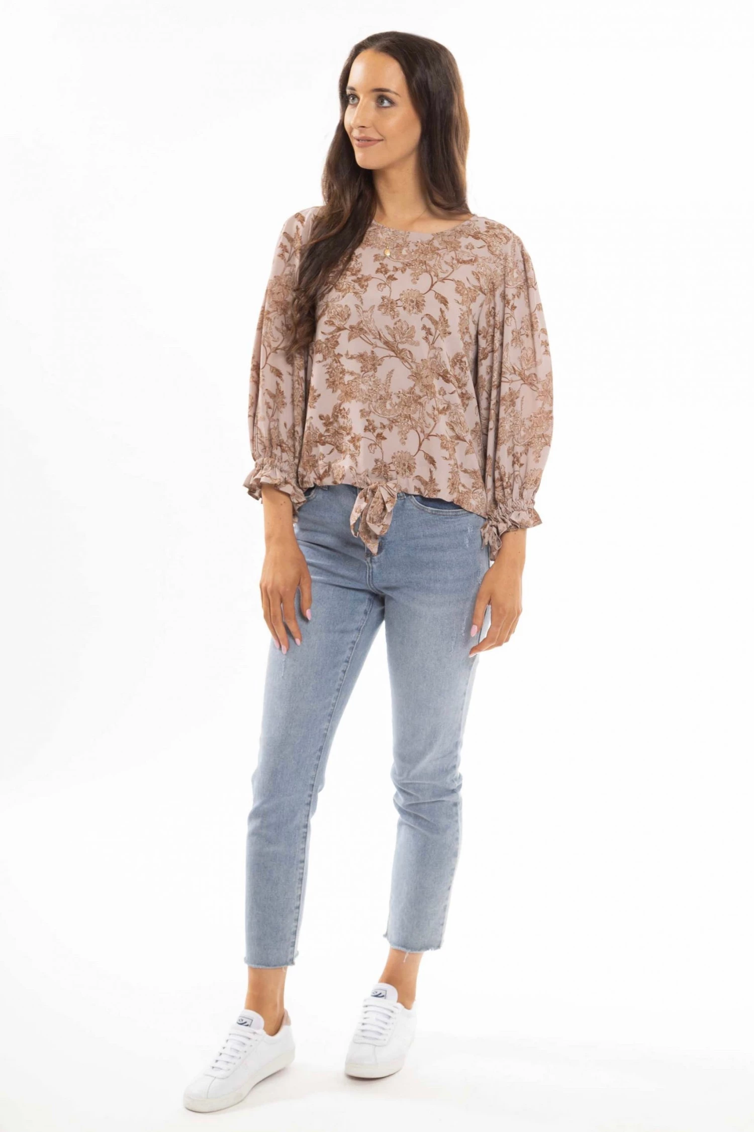 Seeking Lola Muse Blush Floral Crew Neck Tie Bow Mid Sleeve Hem Tie Top New In