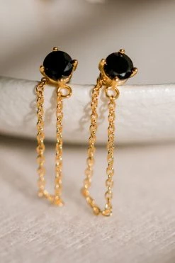 Silver Linings Miles Gold Dropper Chain Earrings With Black Garnet