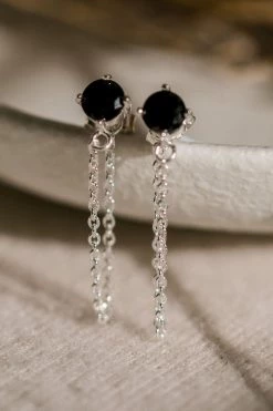 Silver Linings Miles Silver Dropper Chain Earrings With Black Garnet