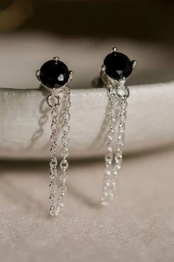 Silver Linings Miles Silver Dropper Chain Earrings With Black Garnet