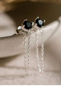 Silver Linings Miles Silver Dropper Chain Earrings With Black Garnet