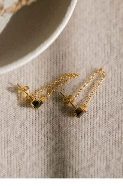 Silver Linings Miles Gold Dropper Chain Earrings With Black Garnet