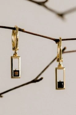 Silver Linings Jewellery Realm Gold Square Sleeper Earring With Black Garnet