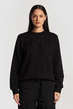 Huffer Classic Black Embroidered Logo Fleece Crew