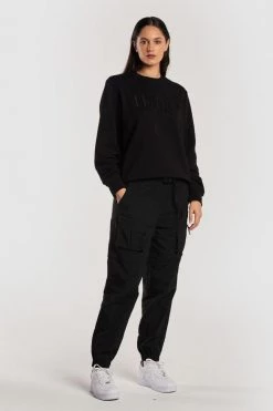 Huffer Classic Black Embroidered Logo Fleece Crew