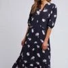 Elm Midnight Garden Black Floral Mid Sleeve Tiered Midi Dress