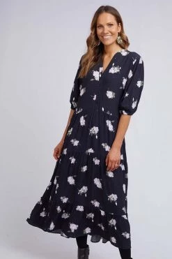 Elm Midnight Garden Black Floral Mid Sleeve Tiered Midi Dress