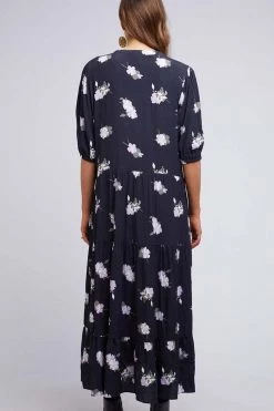 Elm Midnight Garden Black Floral Mid Sleeve Tiered Midi Dress