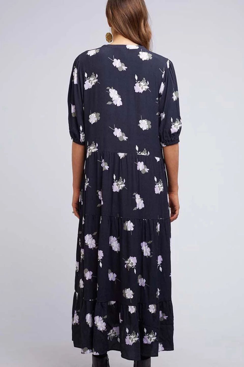 Elm Midnight Garden Black Floral Mid Sleeve Tiered Midi Dress