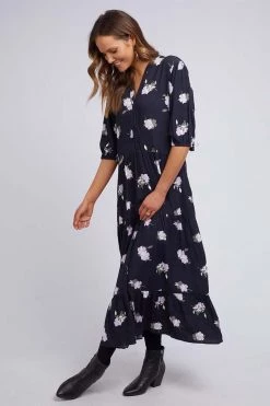 Elm Midnight Garden Black Floral Mid Sleeve Tiered Midi Dress