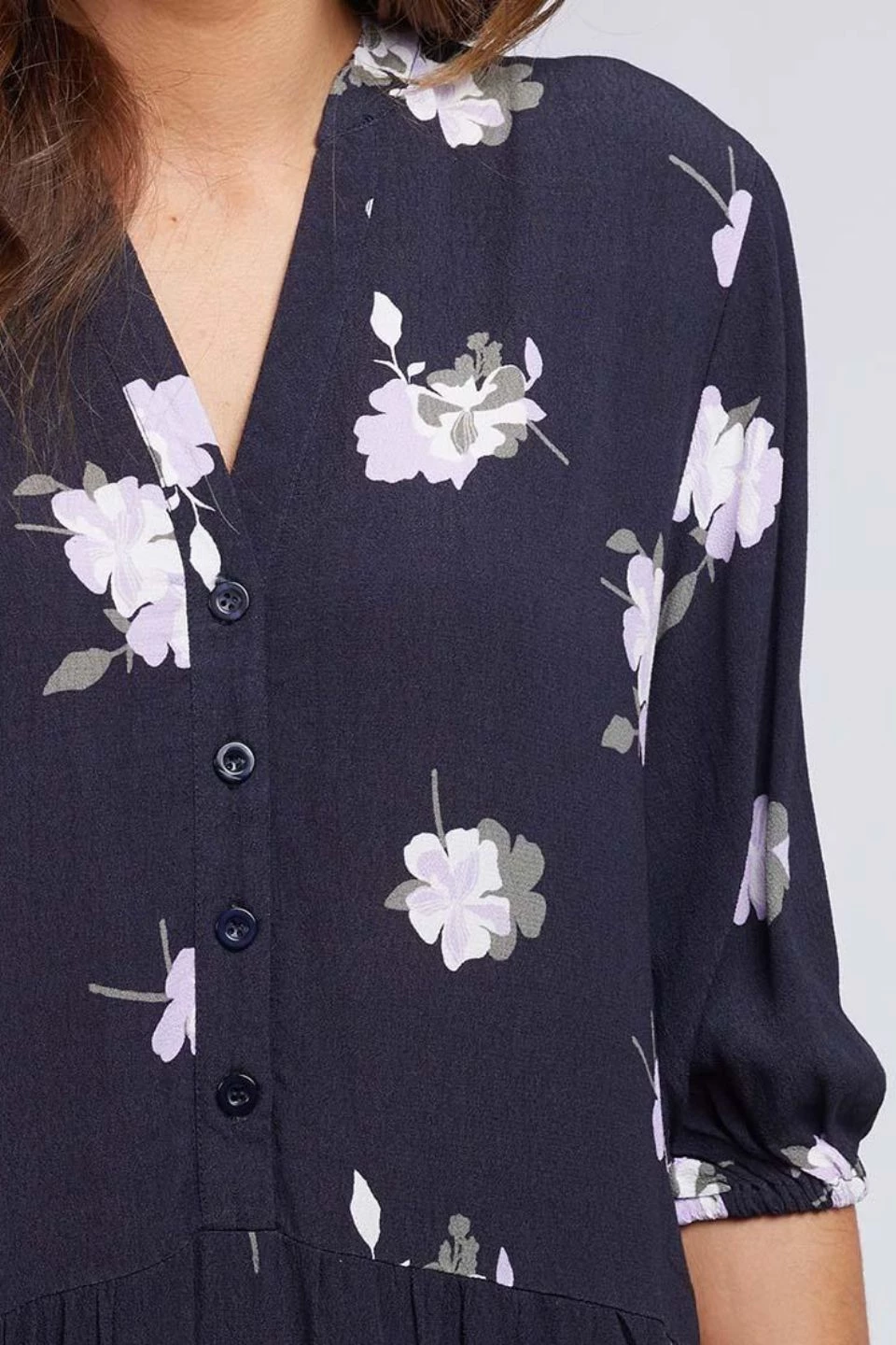 Elm Midnight Garden Black Floral Mid Sleeve Tiered Midi Dress