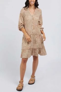 Foxwood Gillian LS Button Front Tiered Mini Beige Animal Dress